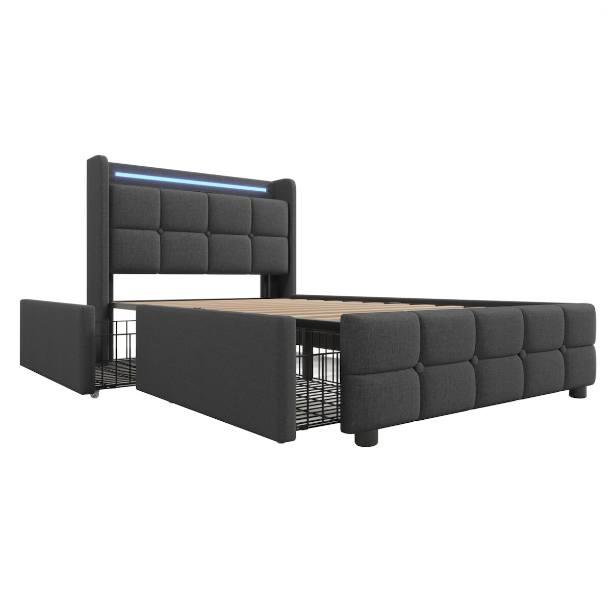 Merax LED Stauraumbett Polsterbett 90x200 Einzelbett aus Leinen mit 2 Schubladen & 2 Steckdosen & 2 USB & Lattenrost Grau Image