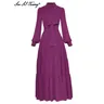 Seasixiang Fashion Designer Summer Purple Maxi Dress Women Lace Up Collar lanterna manica Vintage