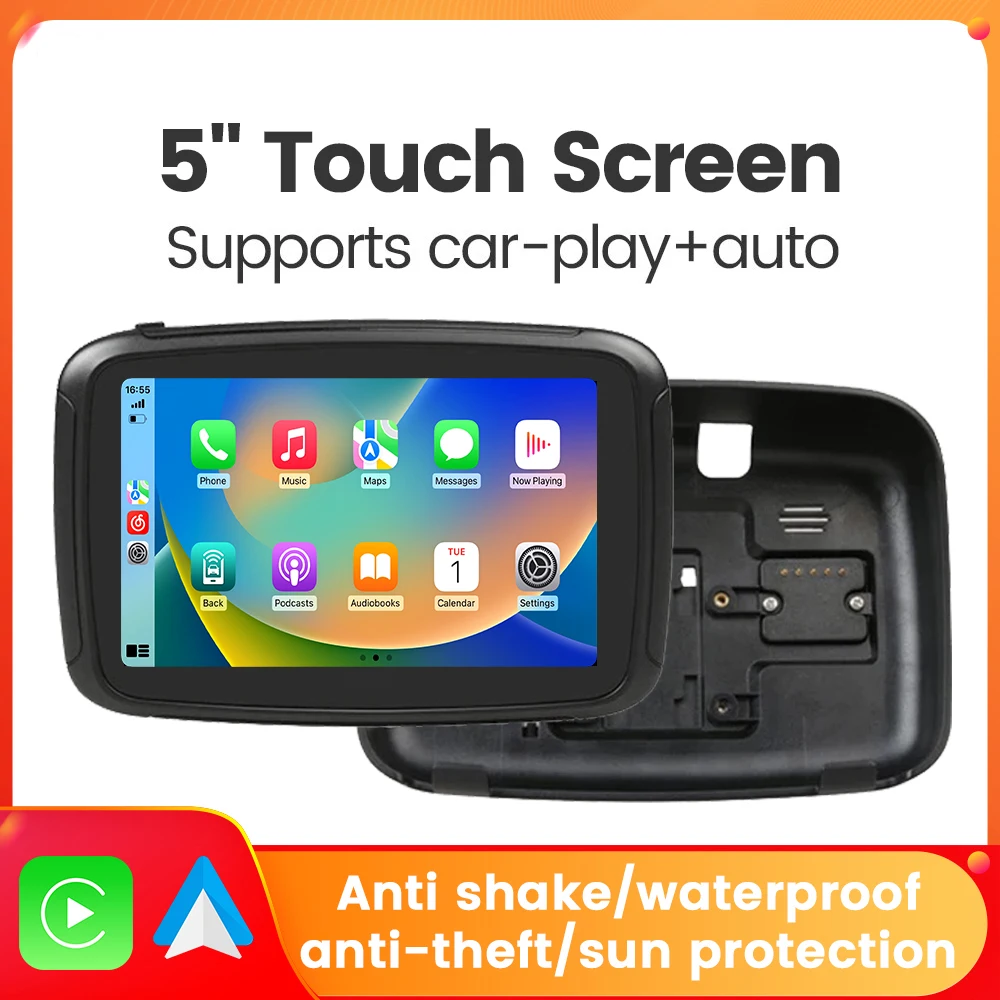 NaviFly 5-Zoll-tragbares Motorrad-LCD-Display, IPX7 wasserdichter Monitor für kabelloses Apple Carplay, Android, Auto, Moto, Auto Image