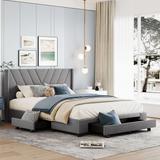 Queen Size Storage Bed with Linen Upholstered Platform Bed and 3 Drawers