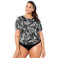 Plus Size Women's Chlorine-Resistant Twist Back Swim Tee by Swimsuits For All in Black Abstract (Size 16)