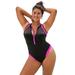 Plus Size Women's Zip-Front High Neck Chlorine Resistant One-Piece Swimsuit by Swimsuits For All in Black Fluorescent Pink (Size 12)