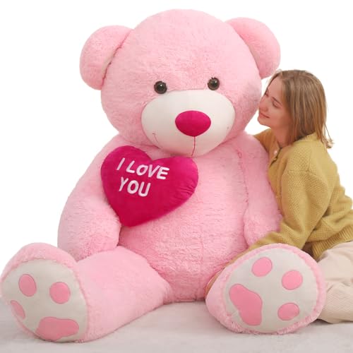 MorisMos I Love You Giant Teddy Bear 6ft, Large Pink Bear Stuffed Animal Plush Toy Cuddly Soft, Kawaii Big Bear Teddy Presents for Women Mother Girlfriend Girls Birthday Party Decorations