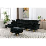 Black 4-piece European Style Polyester Sectional Sofa, Ottoman Included