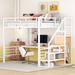 White Full Loft Bed with Desk and Small Wardrobe, Heavy Duty Storage Bed w/ Staircase and Guardrail, No Box Spring Needed