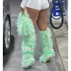 Dame Eis grün Farbe Pelz Design Knies tiefel Silber Absatz festes Design Feder Party Tanz kleid Punk Stiefel High Heels Größe 35-46