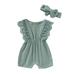 Summer Newborn Girls Rompers Set Flare Sleeve Solid Print Lace Design Bodysuit Jumpsuit with Headband Green M