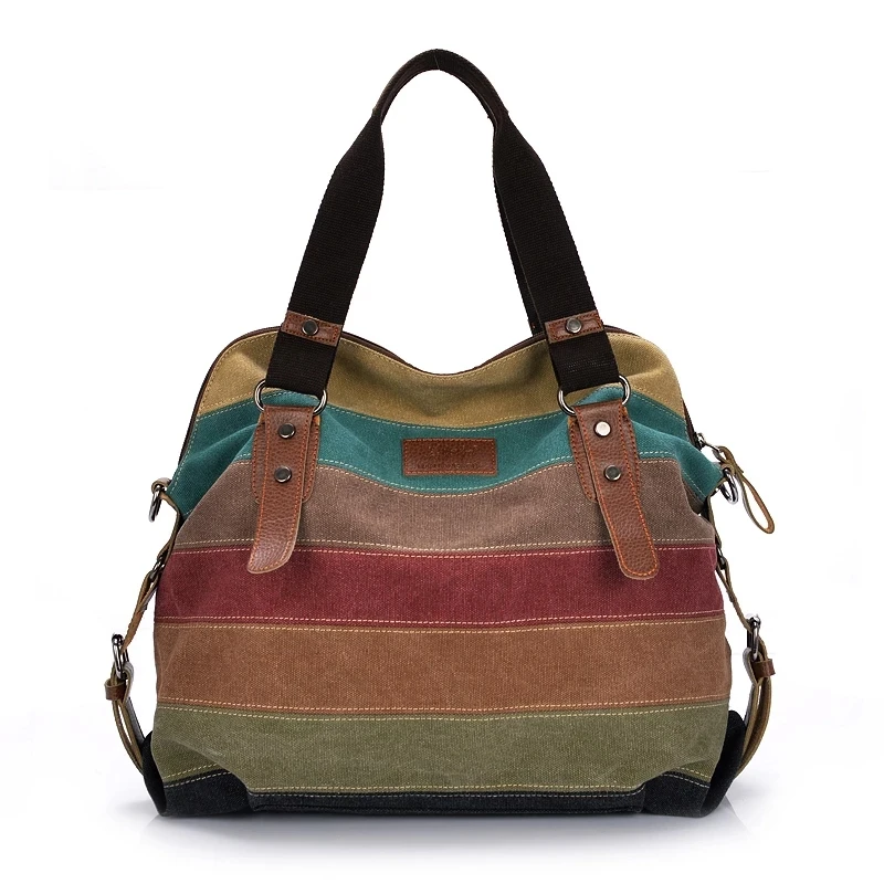 Yogodlns toile fourre-tout rayé femmes Sac à Main nouveau Patchwork arc-en-ciel Sac à bandoulière mode femme décontracté Sac à bandoulière Sac a Main