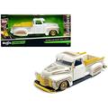 1950 Chevrolet 3100 Pickup Truck Lowrider White with Graphics and Gold Wheels Lowriders Series 1/25 Diecast Model Car by Maisto