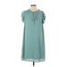 Cotton Bleu Casual Dress - Shift Tie Neck Short sleeves: Teal Print Dresses - New - Women's Size Small