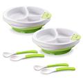 Matyz 2-Pack Baby Feeding Suction Warm Plate with Draining and Drying Design - Stay Put Divided Plate for Kids - Including 2 Toddler Plates and 4 Spoons - Microwave & Dishwasher Safe (Green)