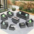 Ovios 8 Pieces Patio Outdoor Furniture Grey Conversation Set Outdoor Sectional Sofa with Gas Fire Pit CSA Approved