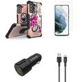 BC Tri-Shield Heavy Duty Rugged Slim Case (Pink Lotus Flower) Bundled with Screen Protectors (2-Pack) 30W Fast Car Charger 3A Type-C to USB Cable (5 Feet) for Samsung Galaxy S21 FE