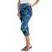 Plus Size Women's Essential Stretch Capri Legging by Roaman's in Ultra Blue Tropical Leaves (Size 34/36) Activewear Workout Yoga Pants