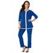 Plus Size Women's 2-Piece Stretch Knit Notch Neck Pant Set by The London Collection in Dark Sapphire White Combo (Size M)