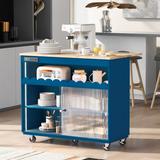 Kitchen Island with Drop Leaf, LED Light Kitchen Cart on Wheels with Power Outlets, 2 Sliding Fluted Glass Doors, Kitchen Cart