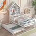 Twin Size House-Shaped Headboard with Fence Guardrails and Trundle ,Grey
