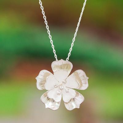 Peach Blossom Beauty,'Matte and Polished 925 Silver Peach Blossom Pendant Necklace'