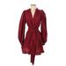 Marie Oliver Casual Dress - Mini Plunge 3/4 sleeves: Burgundy Print Dresses - Women's Size X-Small