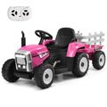 COSTWAY Ride on Tractor and Trailer, 12V Battery Powered Electric Kids Toy Car with Remote Control, LED Lights, USB & Bluetooth Music, Four Wheels Ride on Toys for Children Ages 3+ (Pink)