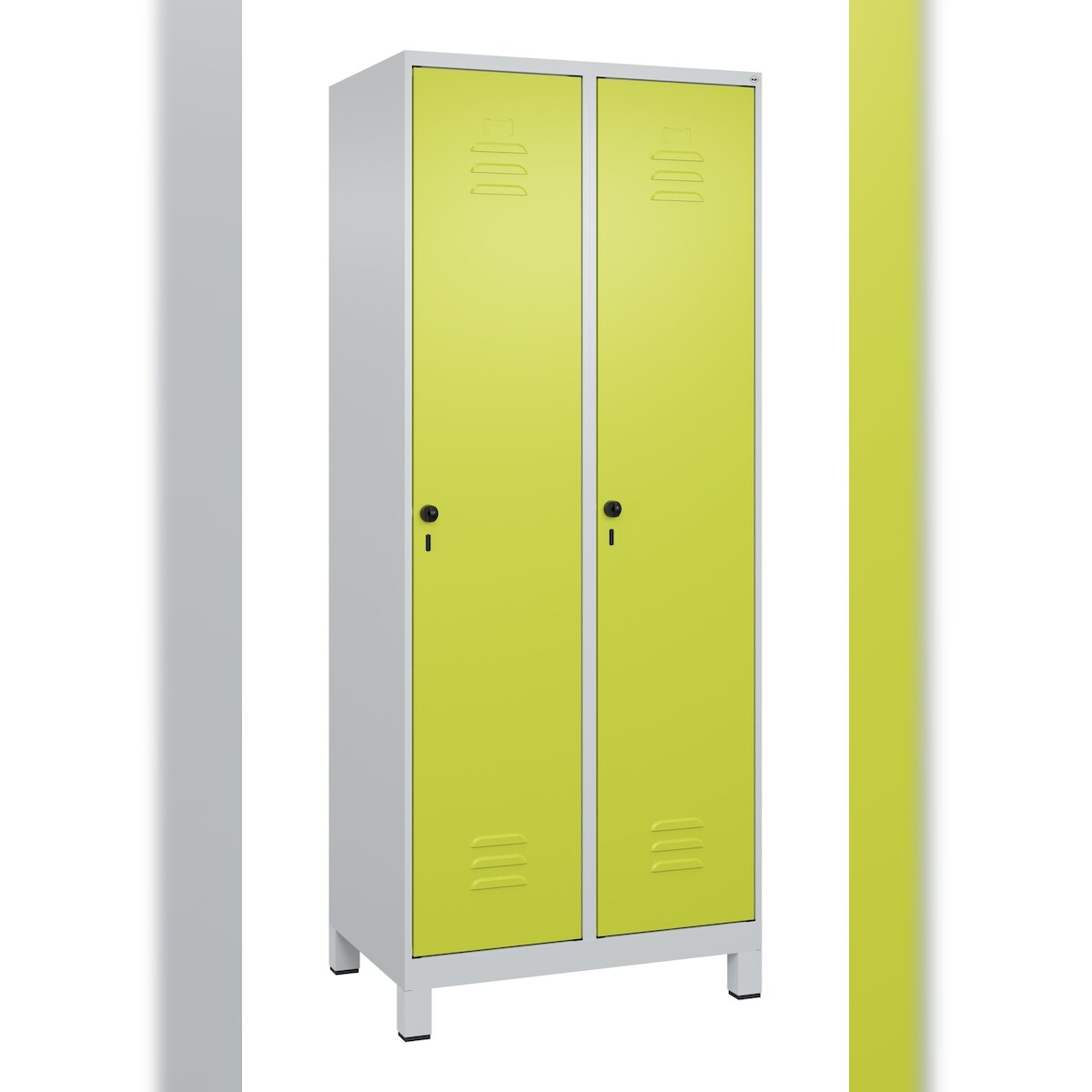 C+P Spind Classic PLUS, Füßen, 2 Abteile, HxBxT 195x80x50cm, Sicherheitsdrehriegel, Hellgrau/Clowngrün von PROREGAL Image
