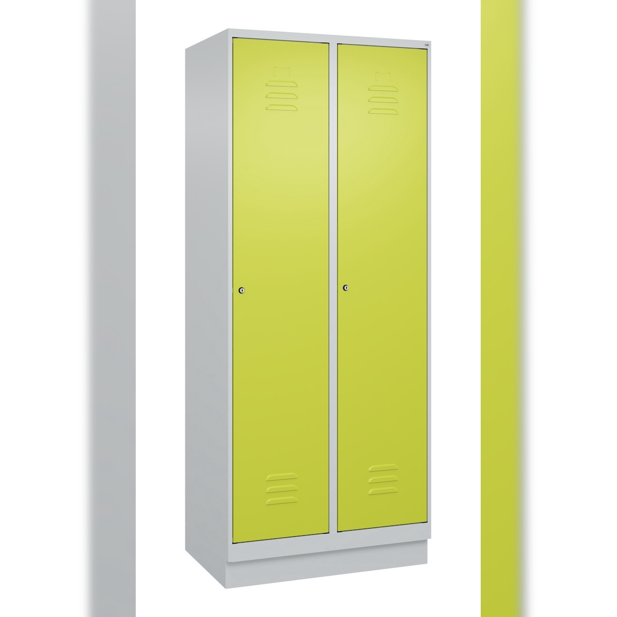 C+P Spind Classic PLUS, Sockel, 2 Abteile, HxBxT 195x80x50cm, Zylinderschloss, Hellgrau/Clowngrün von PROREGAL Image