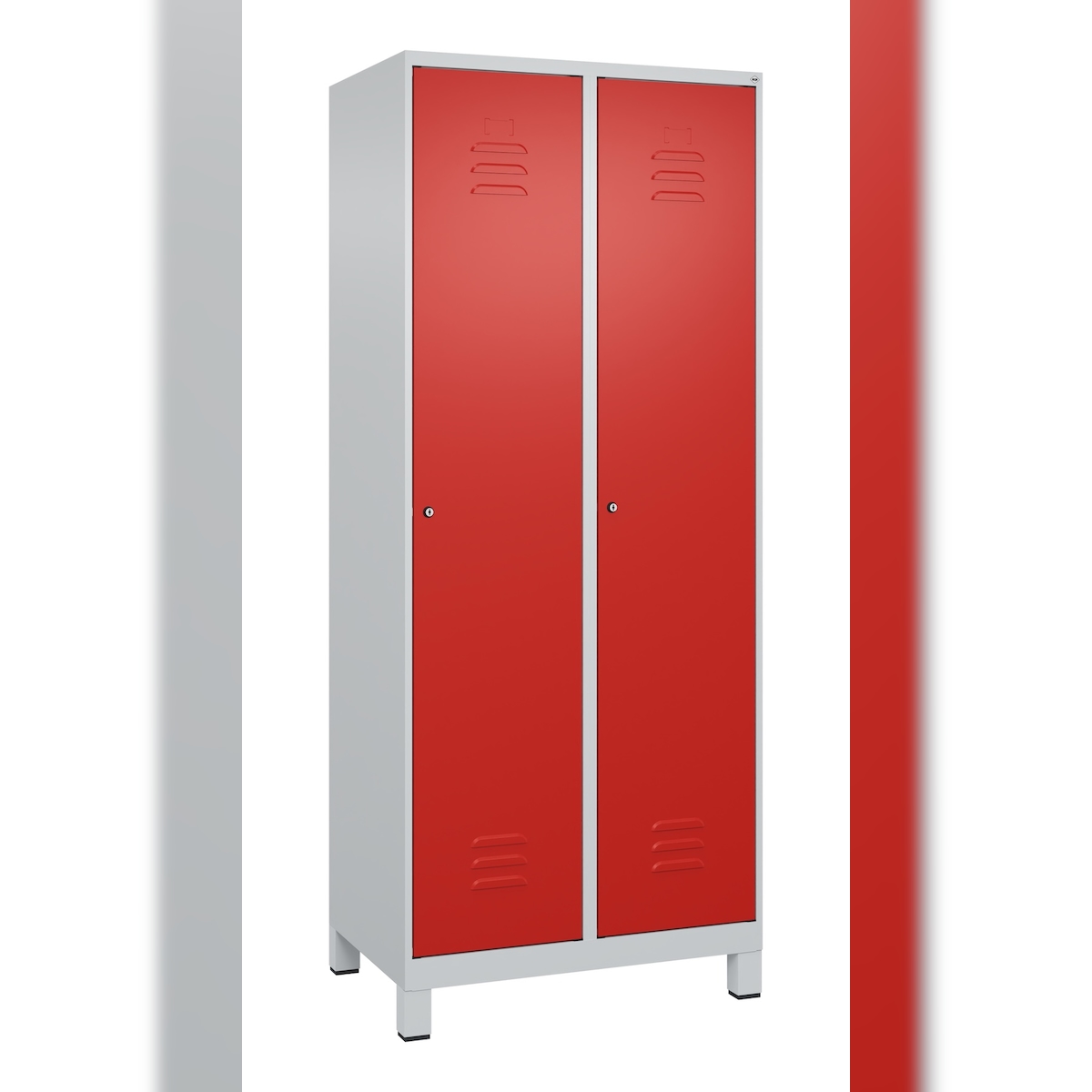C+P Spind Classic PLUS, Füßen, 2 Abteile, HxBxT 195x80x50cm, Zylinderschloss, Hellgrau/Rot von PROREGAL Image