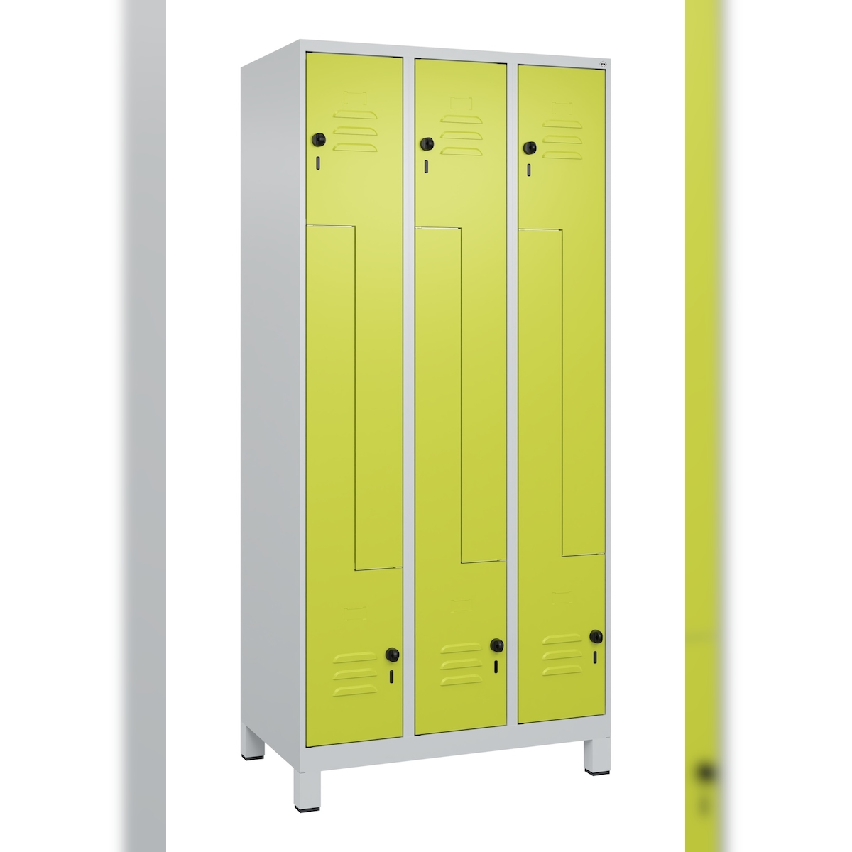 C+P Z-Spind Classic PLUS, Füßen, 6 Abteile, HxBxT 195x90x50cm, Sicherheitsdrehriegel, Hellgrau/Clowngrün von PROREGAL Image