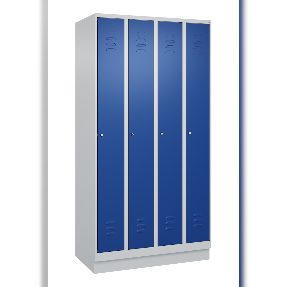 C+P Spind Classic PLUS, Sockel, 4 Abteile, HxBxT 195x100x50cm, Zylinderschloss, Hellgrau/Enzianblau von PROREGAL Image