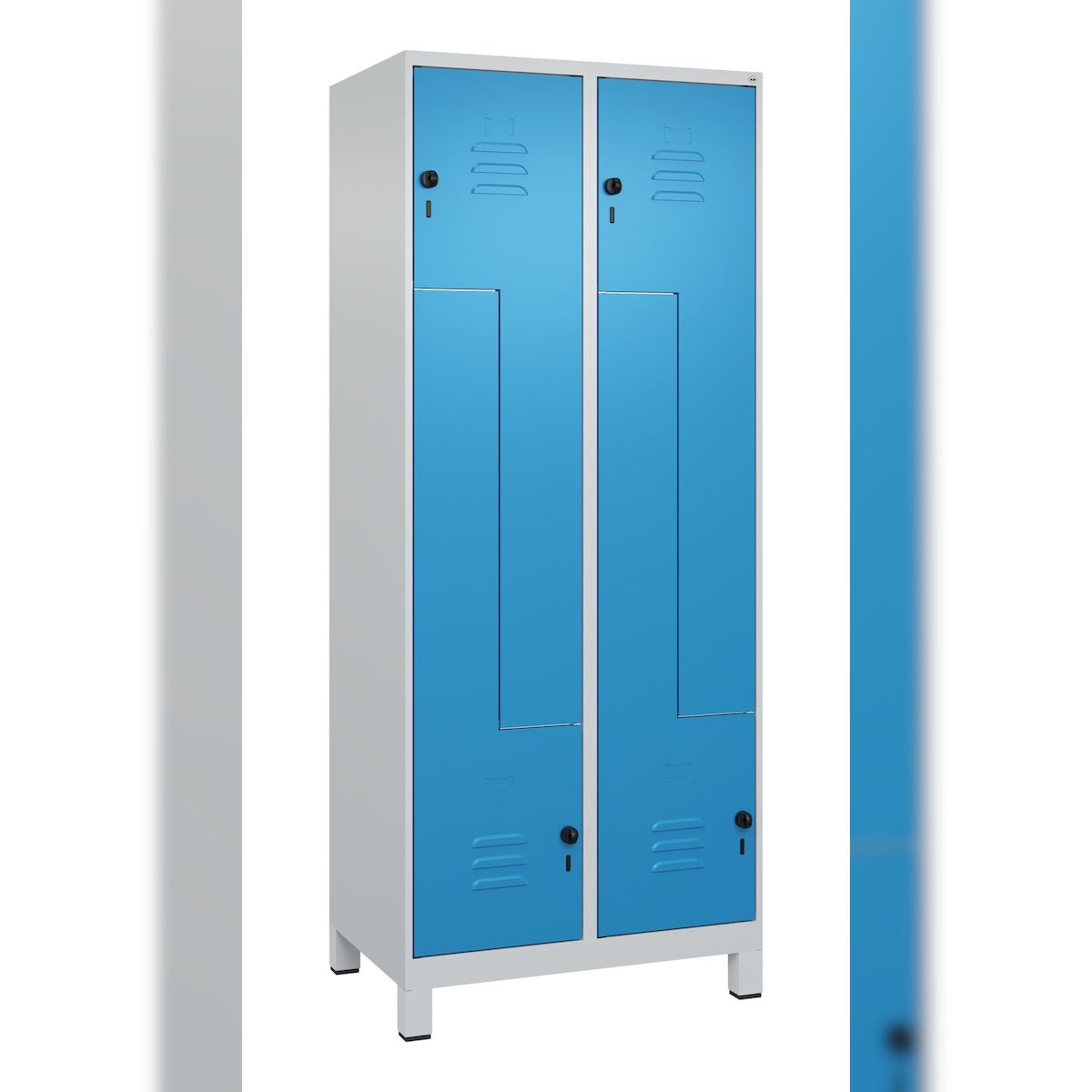 C+P Z-Spind Classic PLUS, Füßen, 4 Abteile, HxBxT 195x80x50cm, Sicherheitsdrehriegel, Hellgrau/Lichtblau von PROREGAL Image