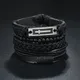 Bracelet en cuir tissé pour hommes plusieurs bracelets punk perles en bois noir ornements