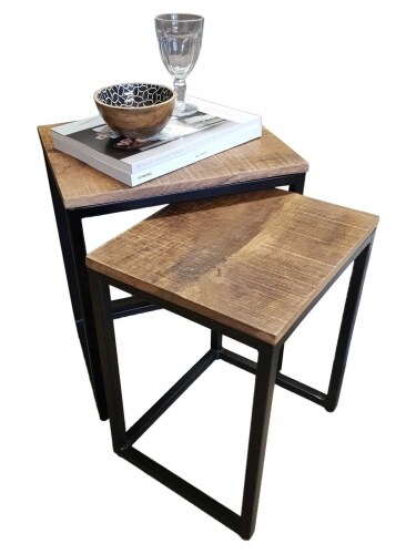 Amagohome Beistelltisch Holz Satztisch Set 2 Stück Wohnzimmer Couchtisch Gestell Metall Holz massiv : schwarz matt - tabacco Image