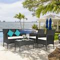 Lark Manor™ Alyonna 4 Piece Outdoor Patio Set Sofa Wicker Chair W/Glass Table Set in Black/Gray/White | Wayfair 351B74404AC84A4EB211EF5FC063DC51