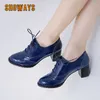 Große Größe 43 Damen-Oxfords, Retro-Stil, hohe dicke Absätze, Brogues, Blau, Rot, Schwarz, runde