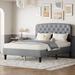 Queen Size Platform Bed Adjustable Headboard With Fine Linen Upholstery And Button Tufting For Bedroom, Mattress Foundation