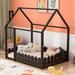 Full Size Wood Bed House Bed Frame with Fence & Roof for Kids, Teens, Girls, Boys Floor Bed are not included Slats, Espresso