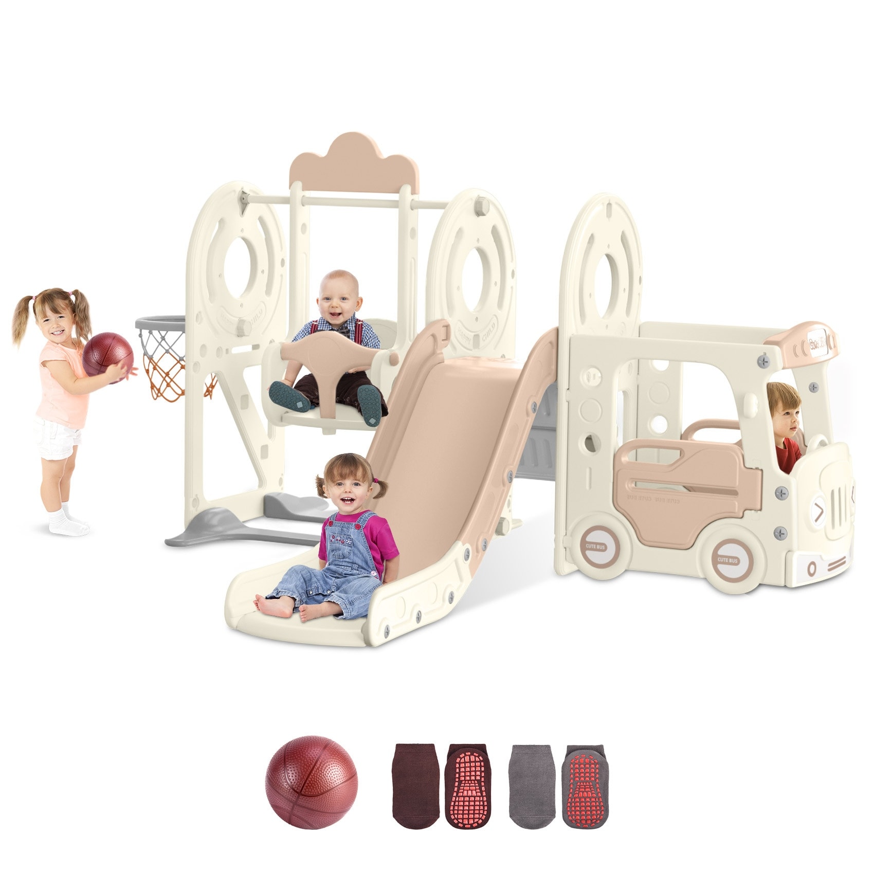 5 in 1 Indoor Outdoor Toddler Slide and Swing Set, Kid Slide for Toddlers Age 1-3, Bus Themed Baby Slide