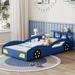 Wooden Twin Size Race Car Platform Bed Bed with Wheels Legs, Safety Rails, Tail Storage Rack, Easy Assembly