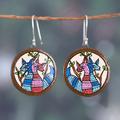 Forest Duo,'Round Deer-Themed Blue and Pink Ceramic Dangle Earrings'