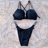 Victoria's Secret Swim | 36b + Large Set Shine Strap Bombshell Add 2 Cups Swim Top Logo Crystals Swim | Color: Black/Silver | Size: 36b