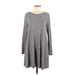 Buttons Casual Dress - Mini Scoop Neck Long sleeves: Gray Marled Dresses - Women's Size Medium