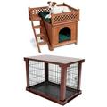 Merry Products Room w/ a View Indoor Outdoor 2 Level Wooden House for Small Pets + Merry Products Decorative Pet Cage w/ Protection Box End Table Large Brown