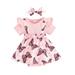EHQJNJ Baby Girl Outfits 3-6 Months Spring Girls Short Sleeve Butterfly Prints Ribbed Romper Bodysuits Dress Headbands Set Red Camouflage Toddler Shirt 2T Baby Girls Clothing Sets Clearance