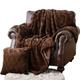 Luxury Faux Fur Throw Blanket and Cushion Cover Set, 2Pcs Super Soft Chocolate Sofa Bed Chair Throw and 45 x 45cm Pillow Case (152 x 127 cm)