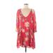 Free People Casual Dress - A-Line Plunge 3/4 sleeves: Red Floral Dresses - Women's Size 6