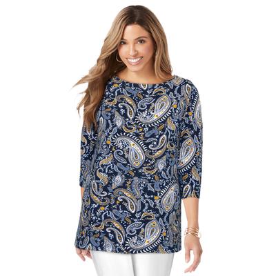 Plus Size Women's Stretch Cotton Boatneck Tunic by Jessica London in Navy Paisley (Size 14/16) Long Knit 3/4 Sleeve Shirt