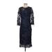 JS Collection Casual Dress - Midi Crew Neck 3/4 sleeves: Blue Print Dresses - Women's Size 0