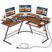 Costway L-shaped Computer Desk with Power Outlet and Monitor Stand-Rustic Brown