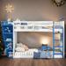 Twin over Twin Bunk Bed with Storage Shelves, Boat-Like Shape Bed With Ladder, Floor Bed with Full-Length Guardrail, White+Blue