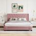 Queen Storage Bed Tufted Striped Wing Design Wingback Bed Pink Linen Upholstered Platform Bed with 3 Drawers, Wood Slat Frame